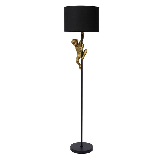 Lampe sur pied noire avec abat-jour noir et singe grimpeur E27