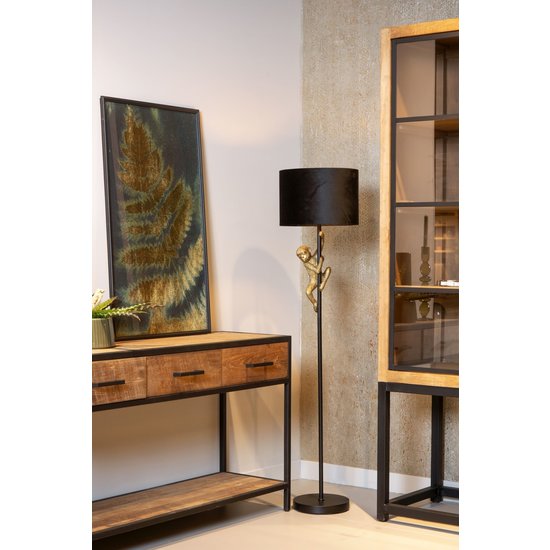 Lampe sur pied noire avec abat-jour noir et singe grimpeur E27