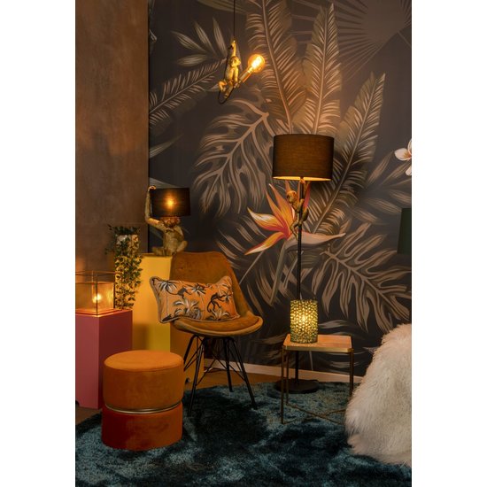 Lampe sur pied noire avec abat-jour noir et singe grimpeur E27