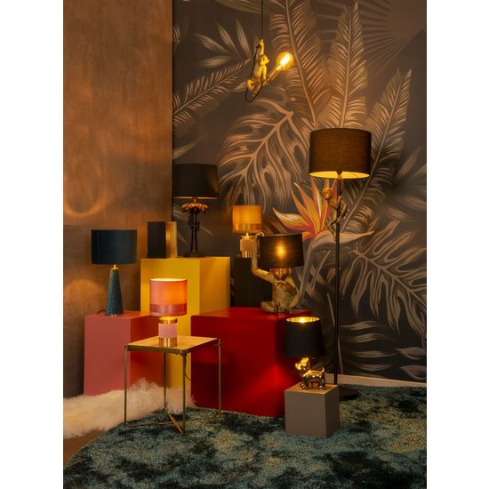 Lampe sur pied noire avec abat-jour noir et singe grimpeur E27