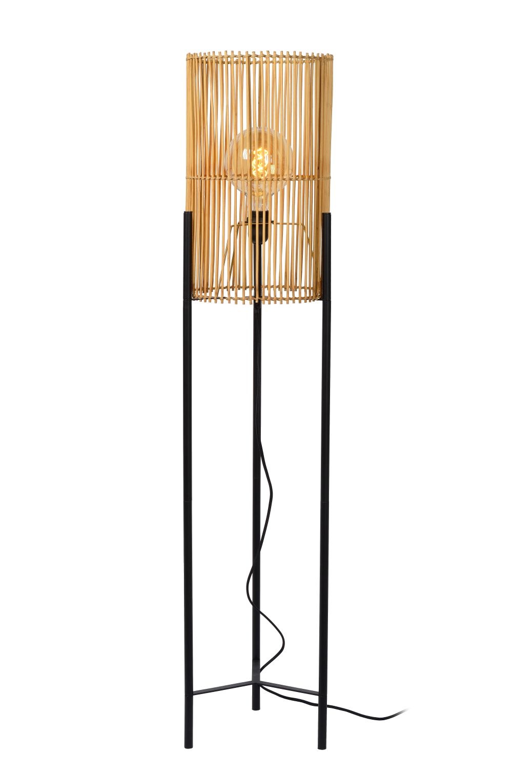 Skandinavische Stehlampe zylindrisch schwarz mit Holz E27 hellem 