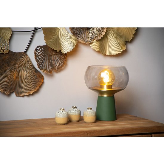 Lámpara de mesa verde E27 con diseño en latón y cristal