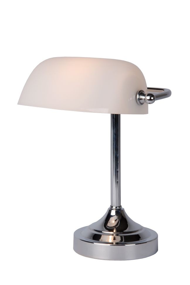Spanning Stam spoelen Notarislamp chroom bureaulamp E14 wit glas | My Planet LED