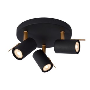 Moderner Deckenstrahler mit 3 Lampen in Schwarz/Mattgold, dimmbar bis warm, GU10