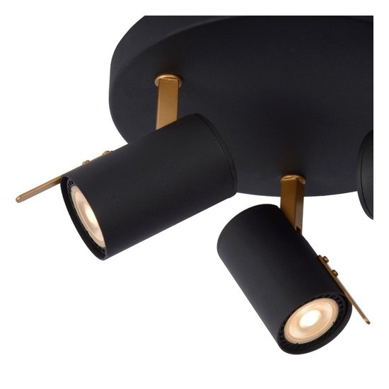Moderner Deckenstrahler mit 3 Lampen in Schwarz/Mattgold, dimmbar bis warm, GU10