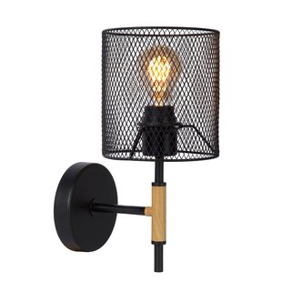 Wandlamp met kooi zwart en hout E27