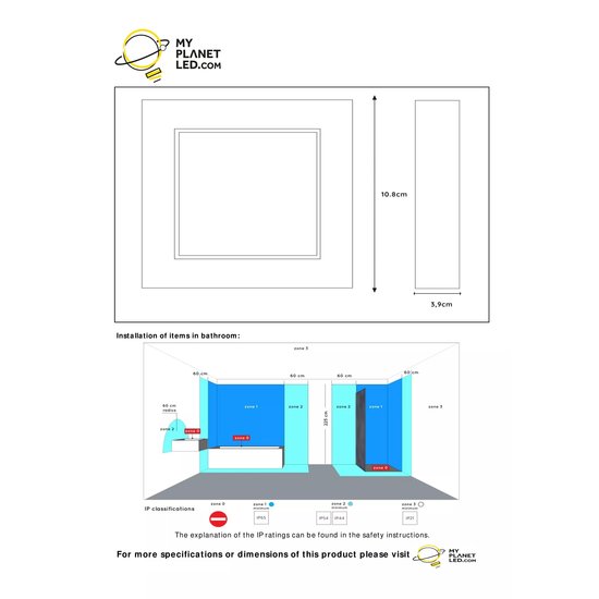 Waterproof ceiling lamp 10.8cm square black dim 8W 3000K IP44