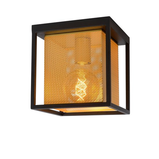 Plafondlamp E27 zwart met messing binnenkooi