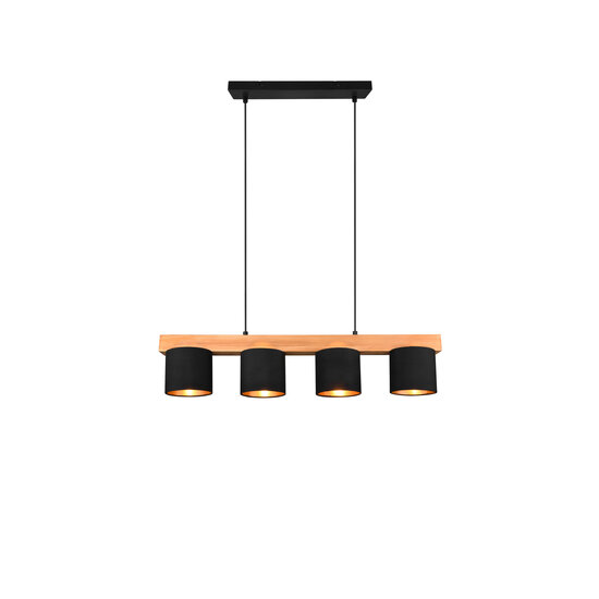 Cameron hanglamp van natuurlijk hout, 4x E14 (max. 28W), zwart buiten en goud binnen, 150 x 75 x 12 cm, IP20