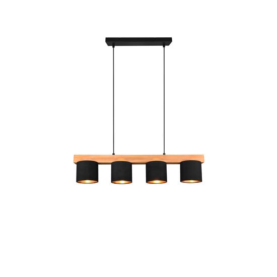 Lámpara colgante Cameron de madera natural, 4x E14 (máx. 28W), negro exterior y dorado interior, 150 x 75 x 12 cm, IP20