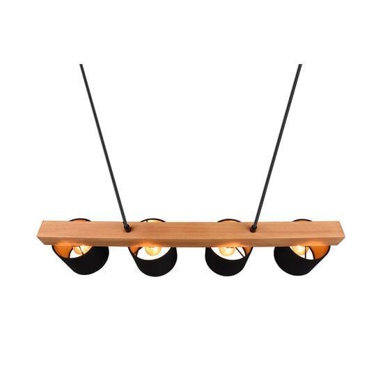 Suspension Cameron en bois naturel, 4x E14 (max. 28W), noir extérieur et or intérieur, 150 x 75 x 12 cm, IP20