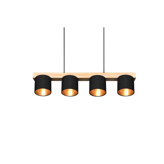 Cameron pendant lamp in natural wood, 4x E14 (max. 28W), black outside and gold inside, 150 x 75 x 12 cm, IP20
