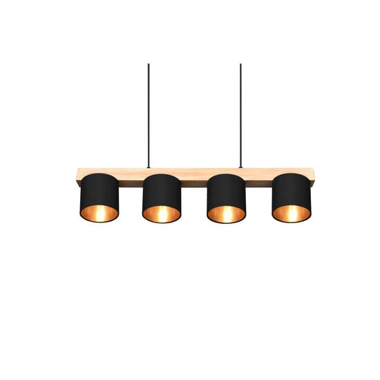 Lámpara colgante Cameron de madera natural, 4x E14 (máx. 28W), negro exterior y dorado interior, 150 x 75 x 12 cm, IP20