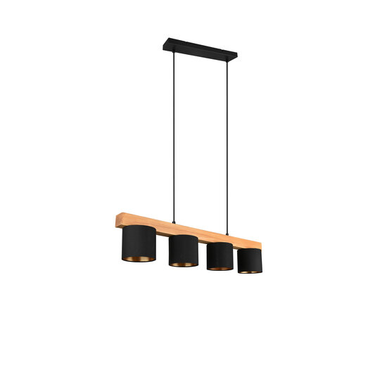 Cameron pendant lamp in natural wood, 4x E14 (max. 28W), black outside and gold inside, 150 x 75 x 12 cm, IP20