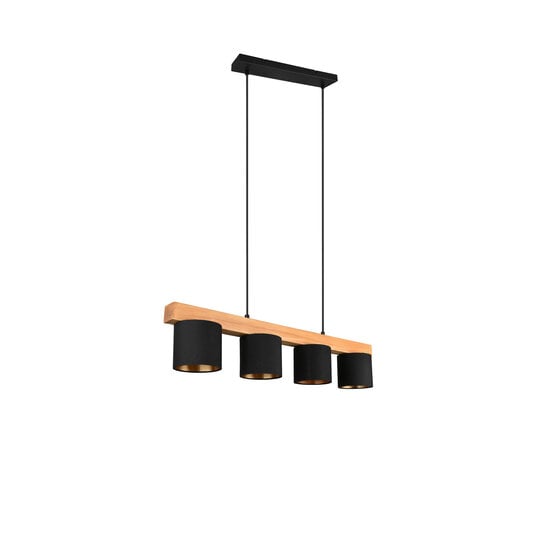 Lámpara colgante Cameron de madera natural, 4x E14 (máx. 28W), negro exterior y dorado interior, 150 x 75 x 12 cm, IP20