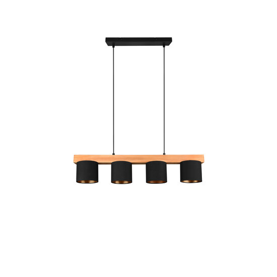 Cameron pendant lamp in natural wood, 4x E14 (max. 28W), black outside and gold inside, 150 x 75 x 12 cm, IP20