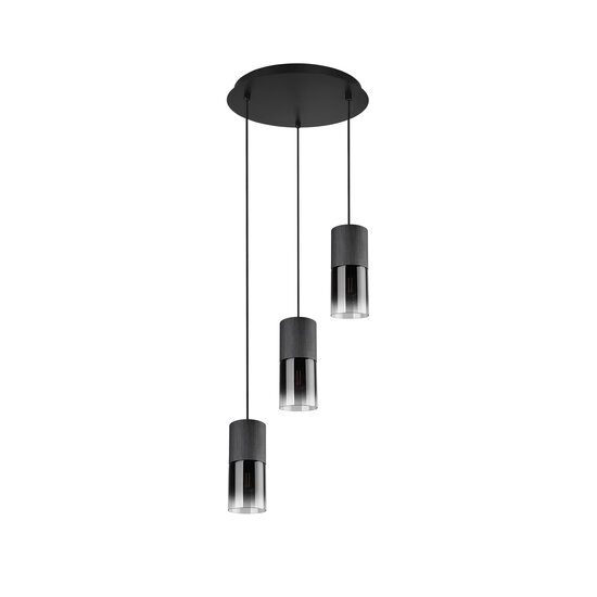 Robin Hängelampe, runde Form aus mattschwarzem Metall mit Smokey-Finish, 3x E27-Fassung, exkl. Leuchtmittel, Höhe 150 cm, Durchmesser 37 cm, IP20