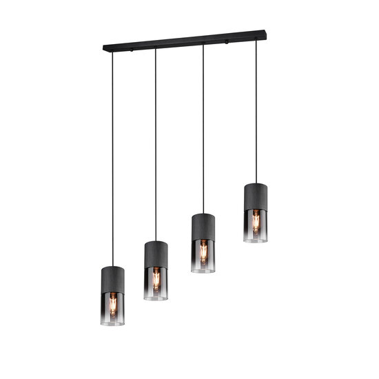 Robin hanglamp van Trio Lighting, 4x E27 fitting, verstelbare armen, mat zwart metaal met rookglazen kappen, 80,5x150 cm, IP20