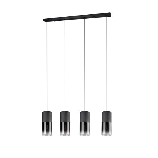 Robin hanglamp van Trio Lighting, 4x E27 fitting, verstelbare armen, mat zwart metaal met rookglazen kappen, 80,5x150 cm, IP20