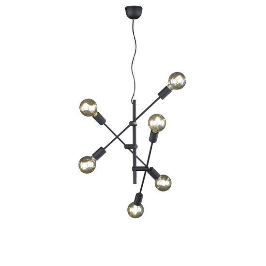 Cross pendant light with 6 rotatable arms, E27 fitting max 28W, matt black metal, height 150 cm, diameter 54.5 cm, IP20.