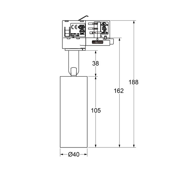 Fixo dimbare cilinderspot 6W voor rail, inbouw of opbouw dia 40 mm hoogte 105 mm