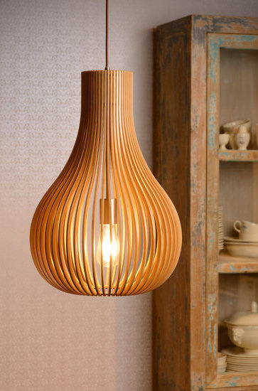 Long wooden hanging lamp natural wood