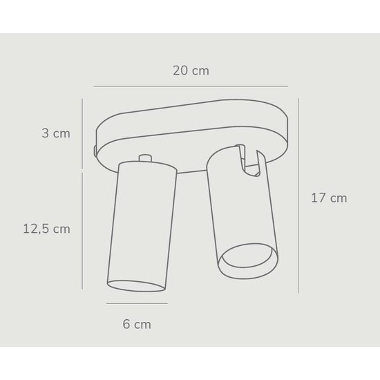 Tweelichts plafondspot in wit metaal, GU10 fitting max. 25W, IP20, lichtbron niet inbegrepen, 17,1 x 20 cm