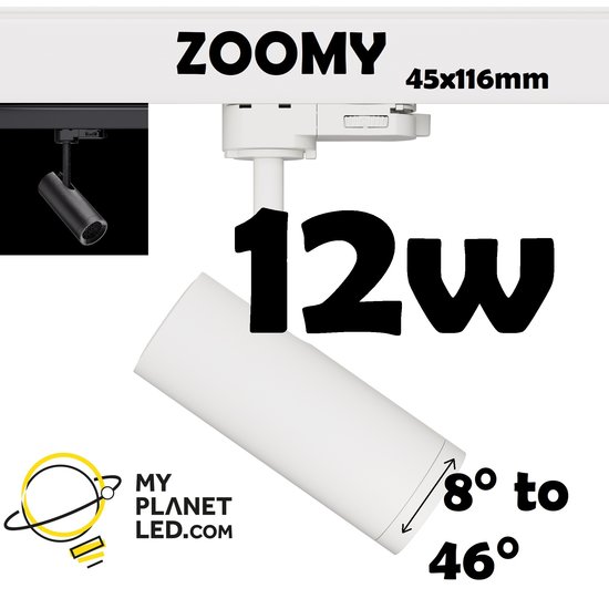Zoomy Foco direccional de 12 W con lente giratoria desde un haz estrecho de 8° hasta un ancho de 46°
