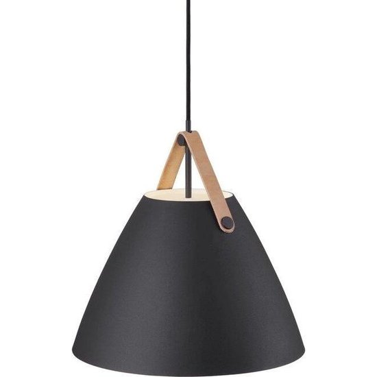 Nordlux Suspension Strap 36 noire, abat-jour métal 36 cm, lanière en cuir noire ou marron, culot E27, câble 300 cm