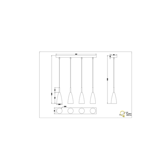 Suspension Farin avec 4x douilles E14, structure métal noir mat, hauteur réglable, 58 x 150 x 9 cm, ampoules non incluses