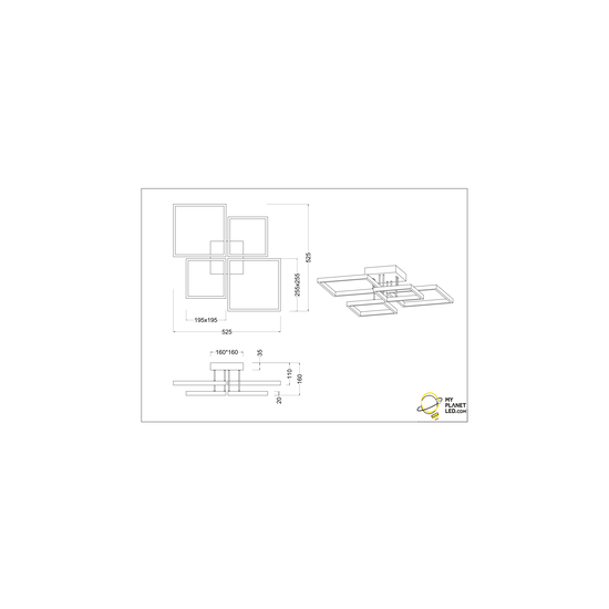 Sorrento LED ceiling light, block-shaped, 24W 3000K warm white, 2400 lumen, matt black metal, 52.5 x 16 x 52.5 cm, dimmable via switch