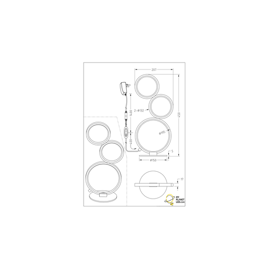 Rondo LED tafellamp met ringen, 17W SMD LED 1500 lumen, 3000K warm wit, mat zwart, IP20, dimbaar via snoerdimmer