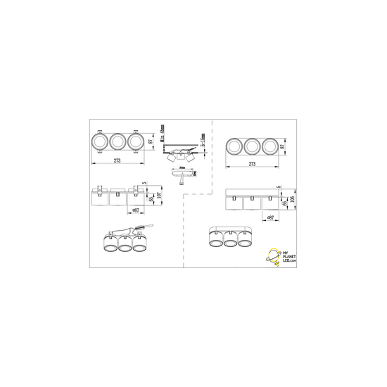 Mattschwarzer Trio-Einbau- oder Aufbau-Deckenspot 3x5W 3000K