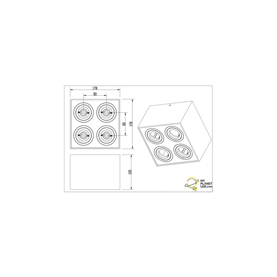 Mat zwart strak draaibare 4-spots plafondlamp 4xGU10