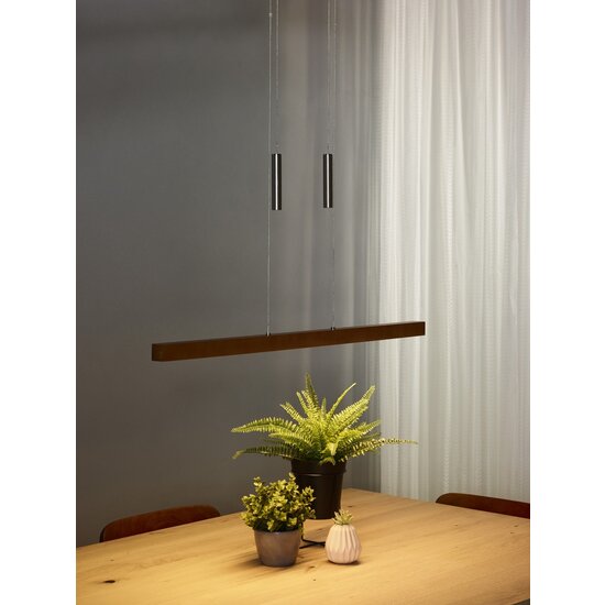 LUCIDE Geena LED hanglamp in hout en aluminium, 100 cm lang, hoogte verstelbaar 90-150 cm, 30W, 2550 lumen, 2700K, IP20