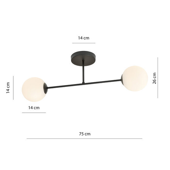Double black ceiling lamp with frosted glass bulbs 2x E14