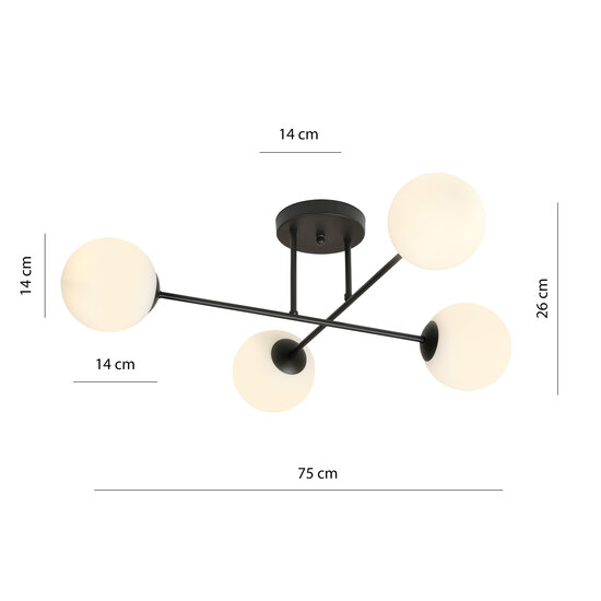Medium black ceiling lamp with frosted glass bulbs 4x E14