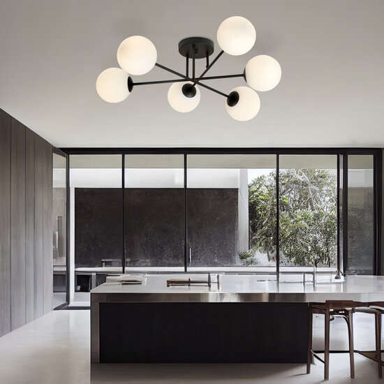 Large black ceiling lamp with frosted glass bulbs 6x E14
