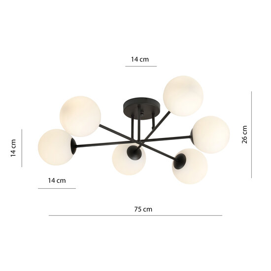 Large black ceiling lamp with frosted glass bulbs 6x E14
