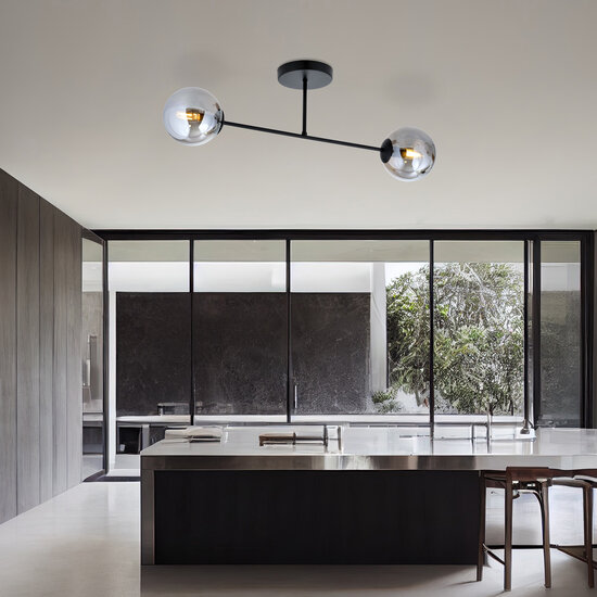 Dubbele plafondlamp met bollen in rookglas 2x E14