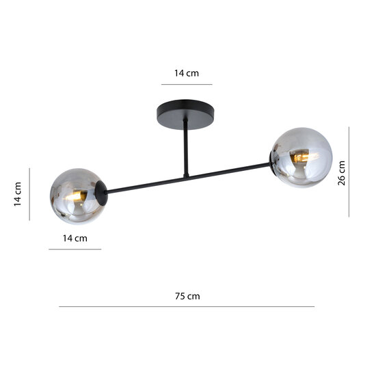 Dubbele plafondlamp met bollen in rookglas 2x E14
