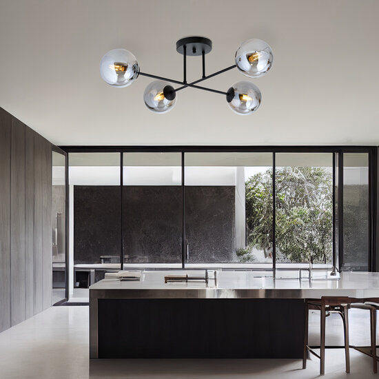 Plafonnier moyen noir avec ampoules en verre fumé 4x E14