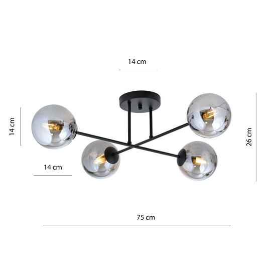 Medium ceiling lamp black with bulbs in smoked glass 4x E14