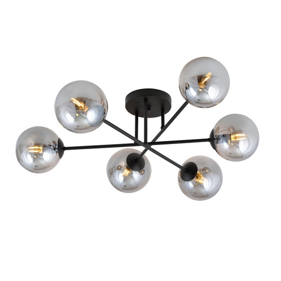 Large ceiling lamp black with balls in smoked glass 6x E14