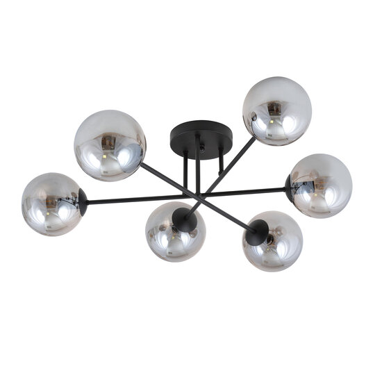 Large ceiling lamp black with balls in smoked glass 6x E14