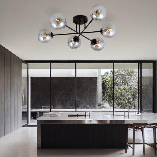 Large ceiling lamp black with balls in smoked glass 6x E14