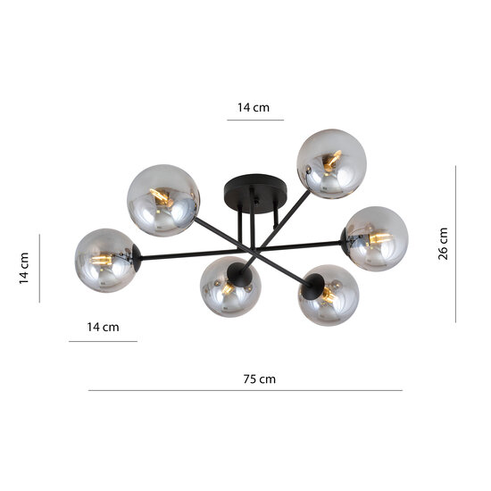 Large ceiling lamp black with balls in smoked glass 6x E14