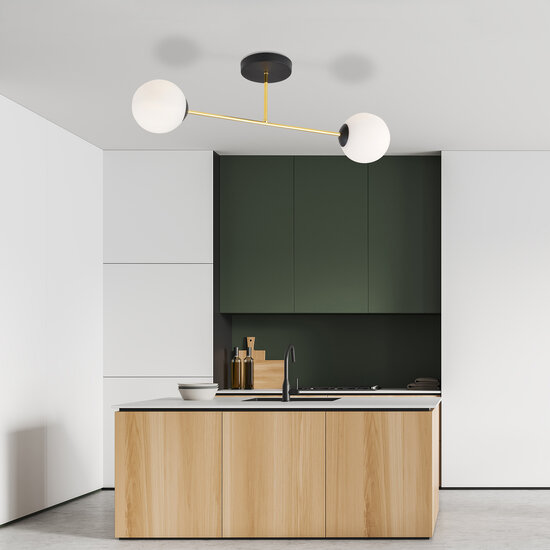 Kleine plafondlamp met melkglas bollen zwart en messing 2x E14