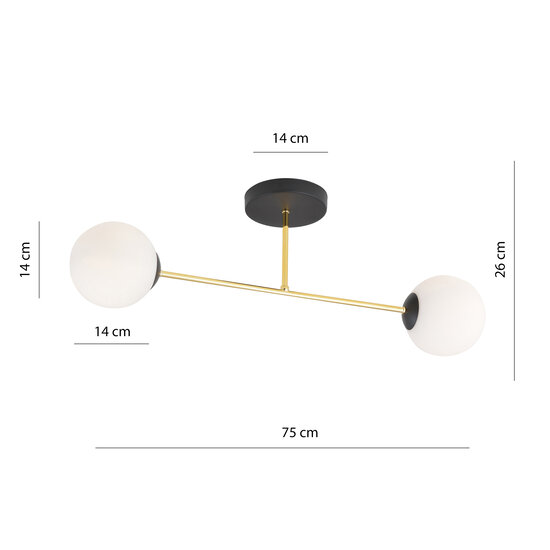 Small ceiling lamp with milk glass bulbs black and brass 2x E14