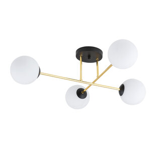 Medium plafondlamp messing en zwart met witte glazen bollen 4x E14